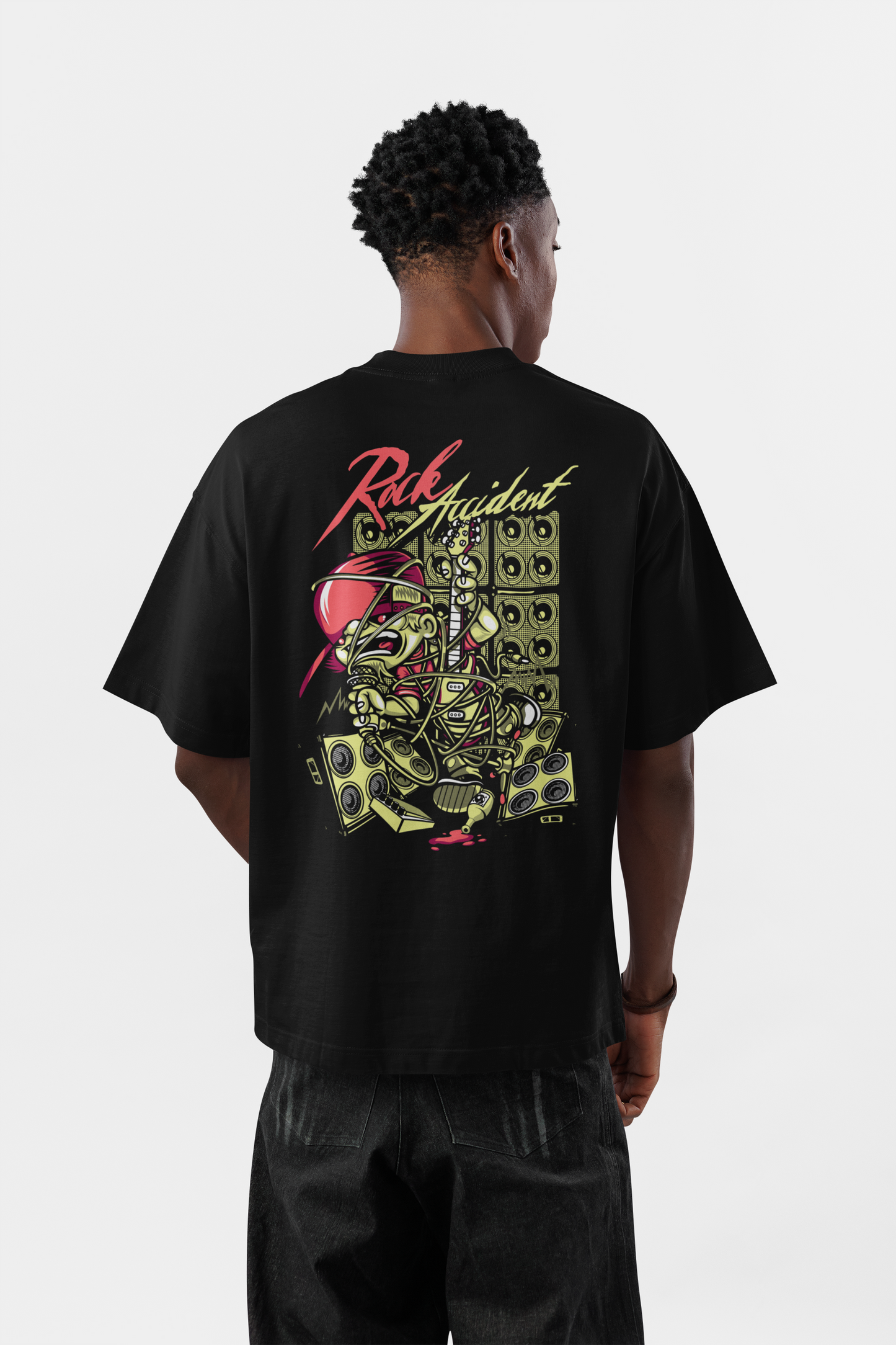 Men's Oversized Black Rock Skeleton Graphic T-Shirt – Premium Cotton Back Print Streetwear Tee