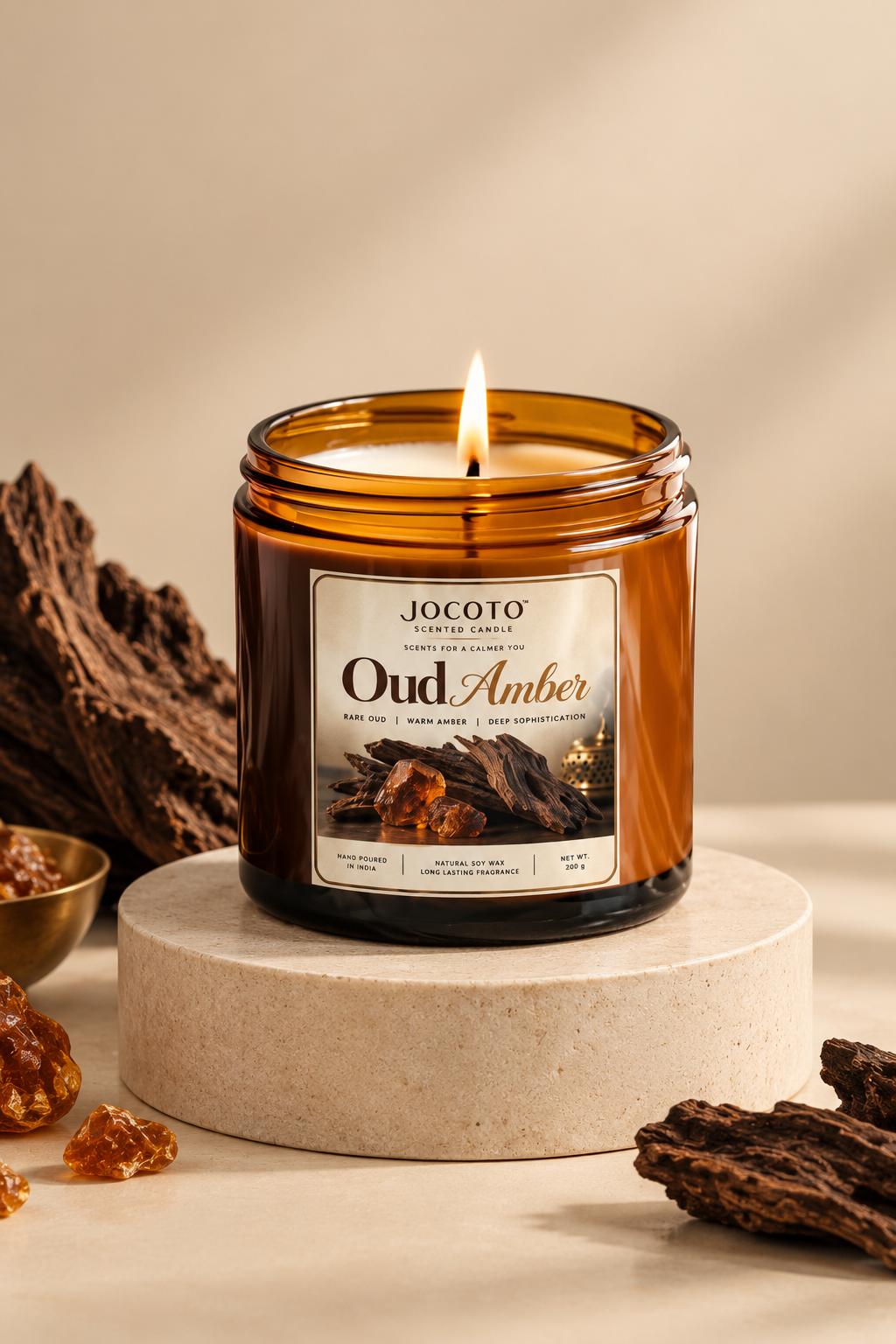 Oud Amber Scented Candle | Natural Soy Wax Candle – 200g | Jocoto