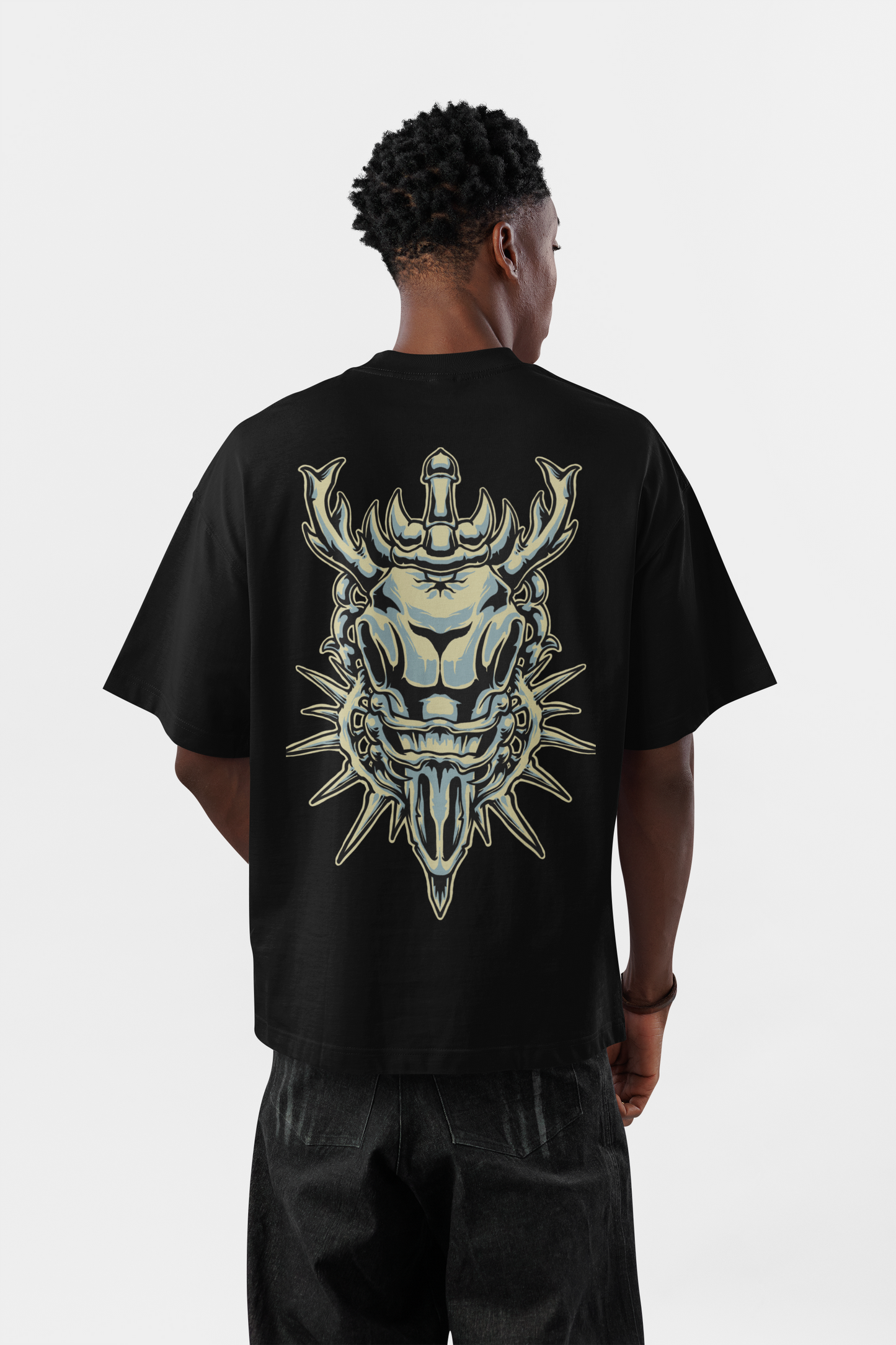 Men's Oversized Black Graphic T-Shirt – Samurai Oni Mask Back Print | Premium Cotton Streetwear Tee