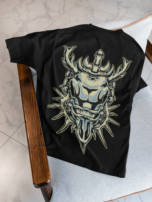Men's Oversized Black Graphic T-Shirt – Samurai Oni Mask Back Print | Premium Cotton Streetwear Tee