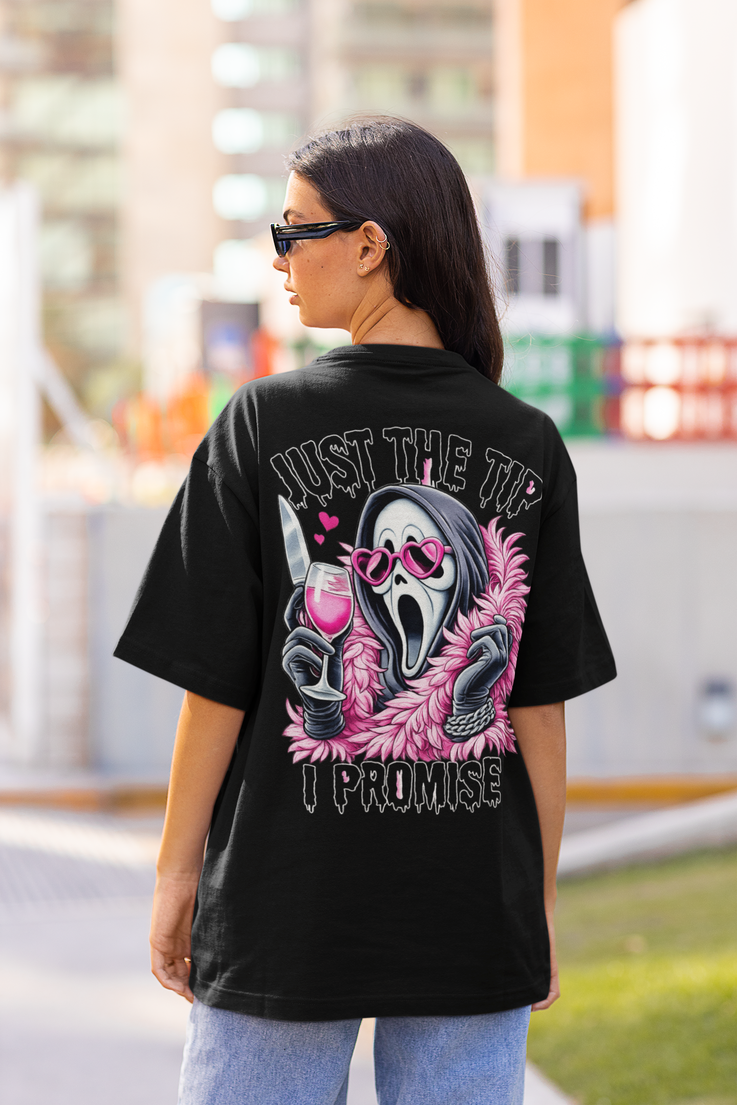 Women's Oversized Black Graphic T-Shirt – Just the Tip I Promise Skeleton Print | Premium Cotton Casual Streetwear Tee
