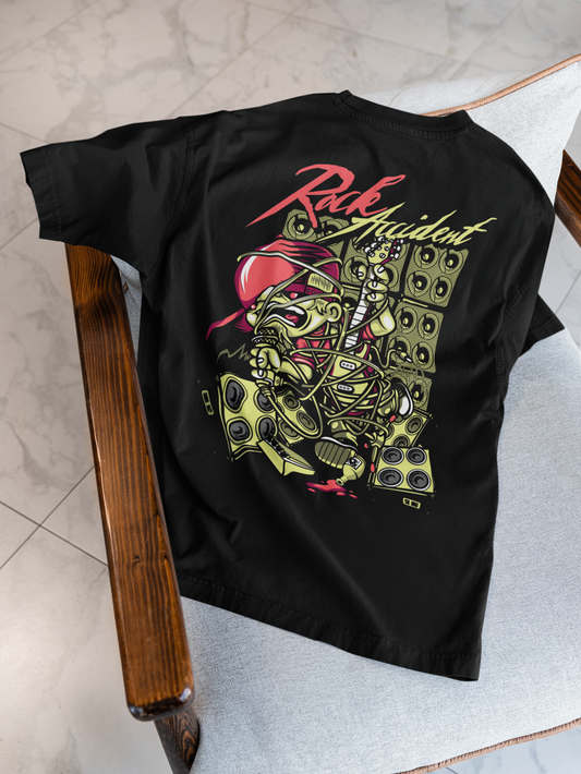 Men's Oversized Black Rock Skeleton Graphic T-Shirt – Premium Cotton Back Print Streetwear Tee