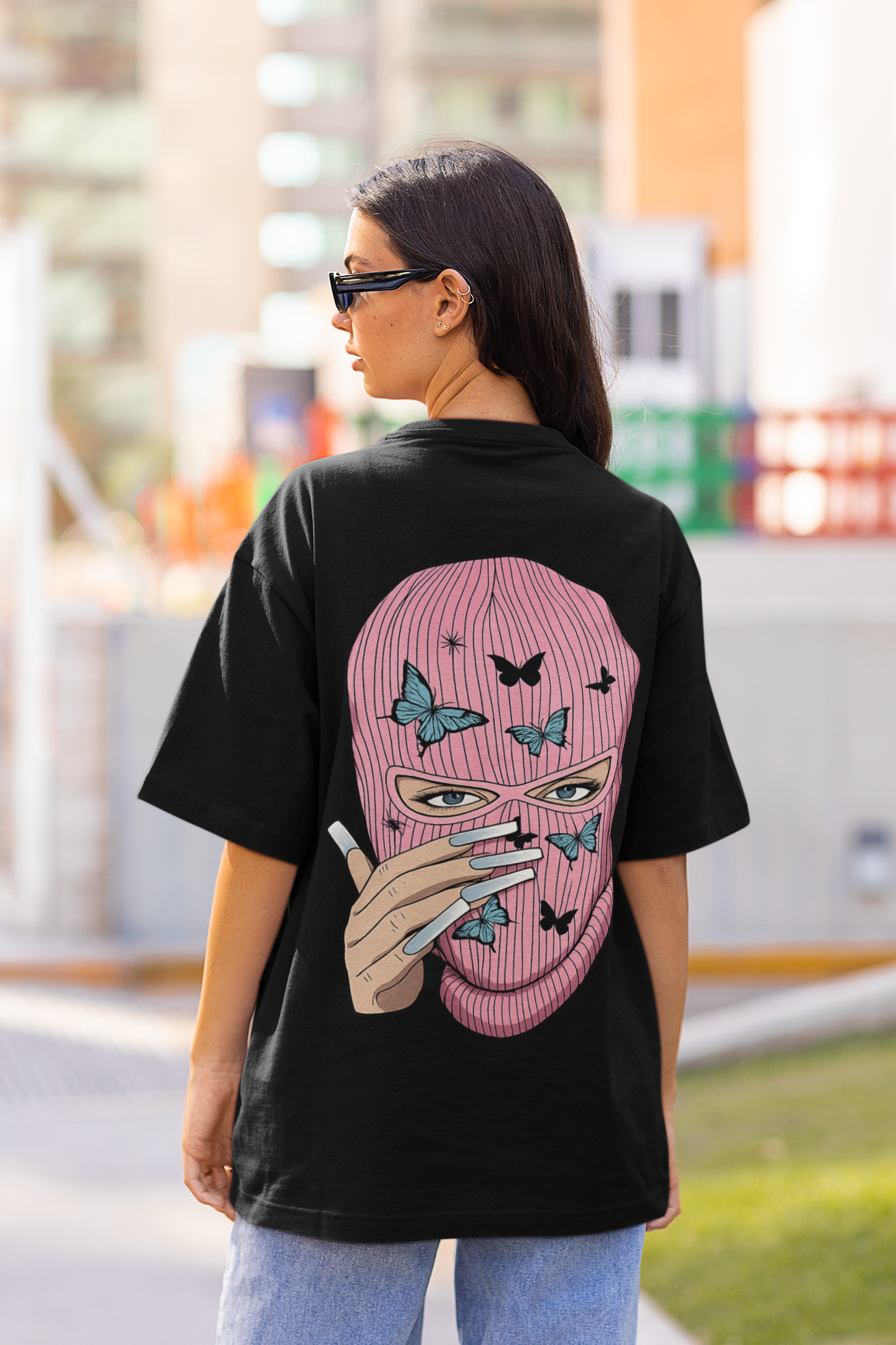 Women's Oversized Black Baddie Graphic T-Shirt – Pink Ski Mask Butterfly Print | Premium Cotton Streetwear Tee