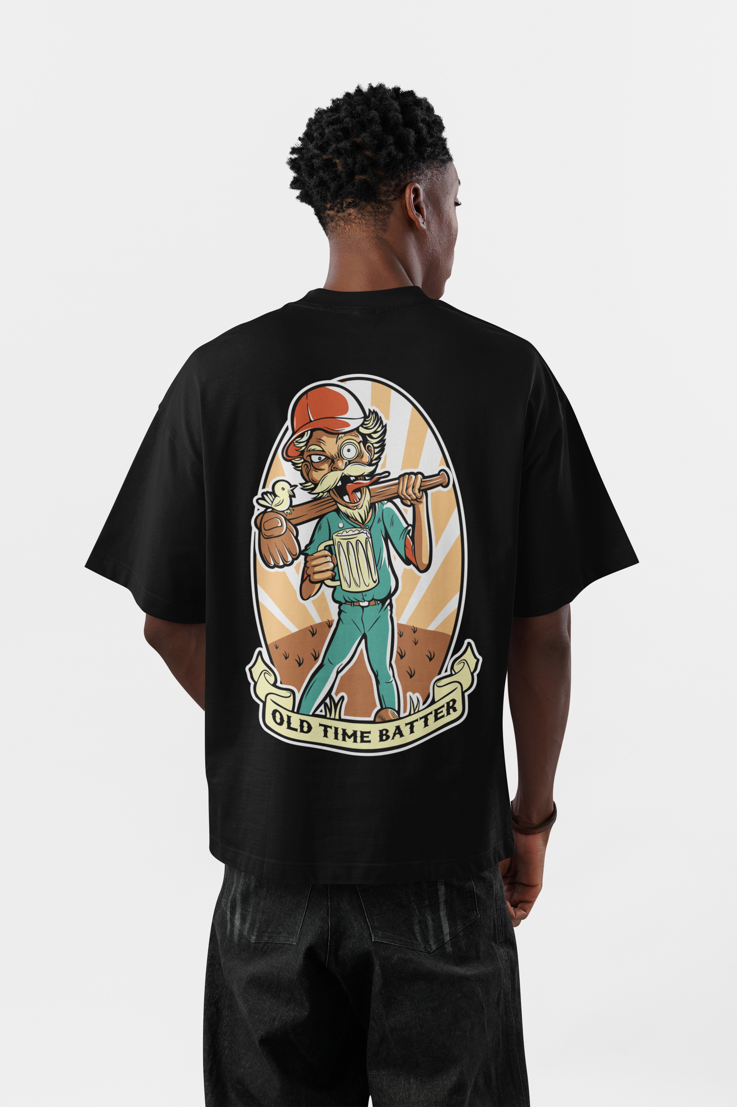 Men's Oversized Black Graphic T-Shirt – Old Timer Cartoon Back Print | Premium Cotton Streetwear Tee