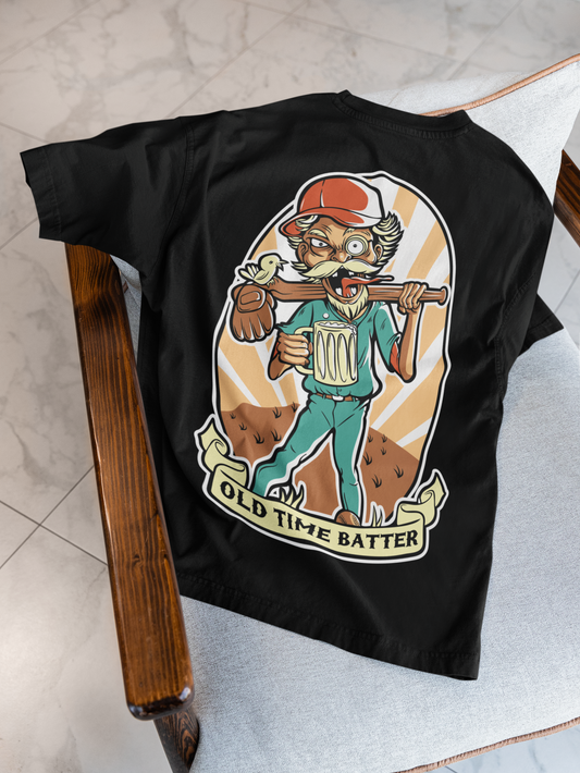 Men's Oversized Black Graphic T-Shirt – Old Timer Cartoon Back Print | Premium Cotton Streetwear Tee