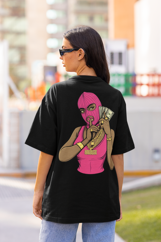 Women's Oversized Black Baddie Graphic T-Shirt – Pink Balaclava Streetwear Print | Premium Cotton Oversized Tee