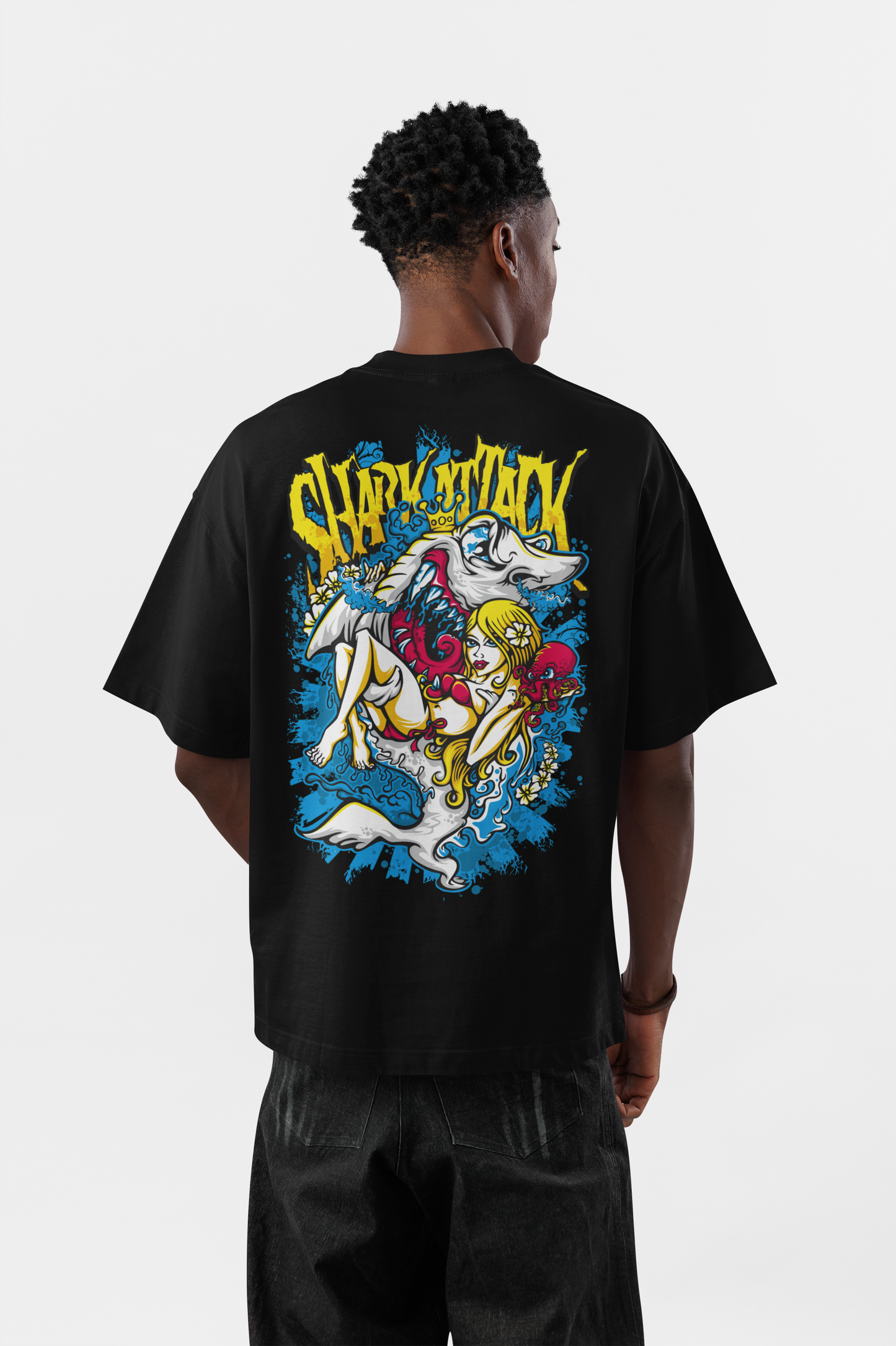 Men's Oversized Black Shark Graphic T-Shirt – Premium Cotton Back Print Streetwear Tee