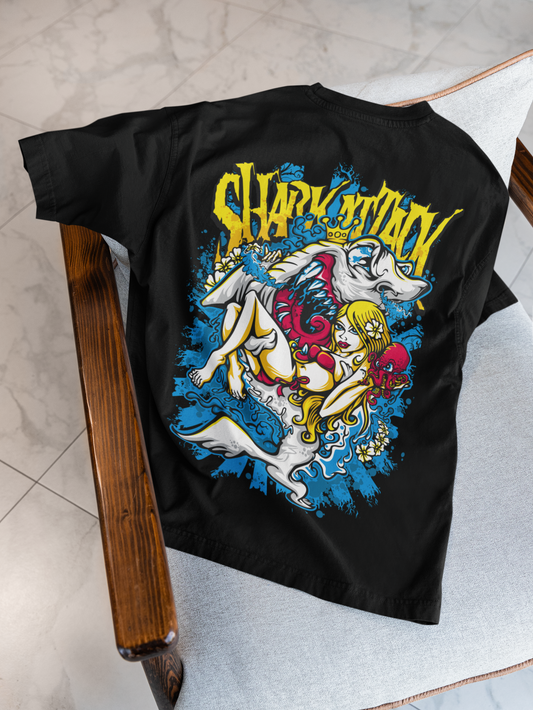 Men's Oversized Black Shark Graphic T-Shirt – Premium Cotton Back Print Streetwear Tee