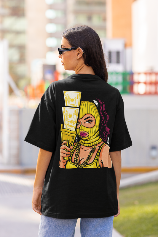 Women's Oversized Black Graphic T-Shirt – Yellow Balaclava Streetwear Print | Premium Cotton Baddie Oversized Tee