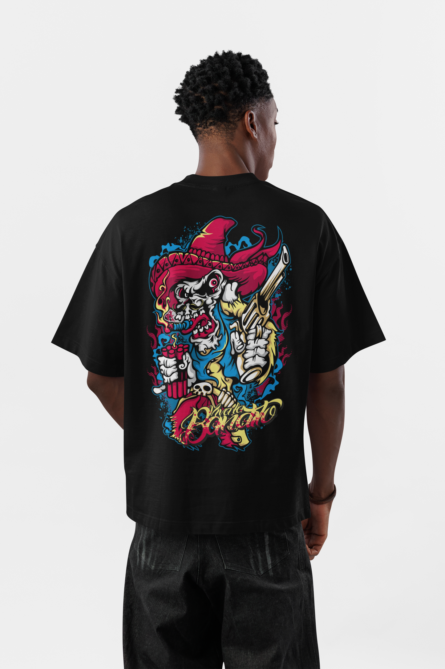 Men's Oversized Black Mariachi Skeleton Graphic T-Shirt – Premium Cotton Back Print Streetwear Tee