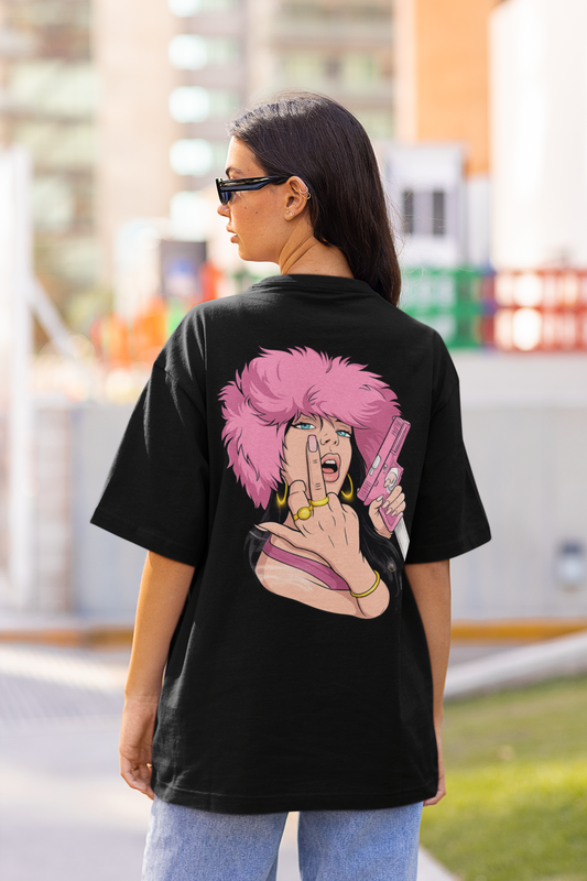 Women's Oversized Black Anime Graphic T-Shirt – Pink Hair Streetwear Print | Premium Cotton Oversized Tee