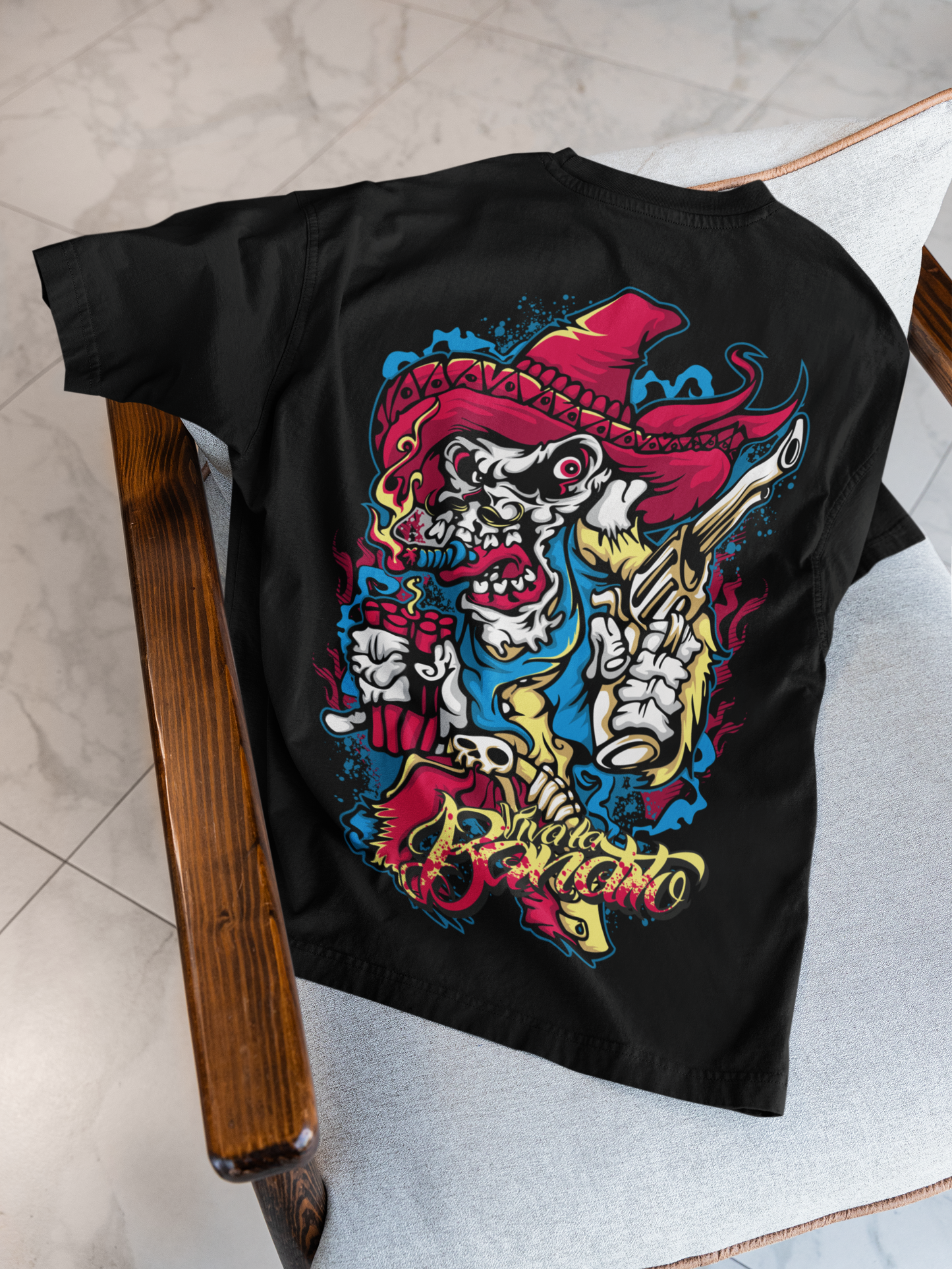 Men's Oversized Black Mariachi Skeleton Graphic T-Shirt – Premium Cotton Back Print Streetwear Tee