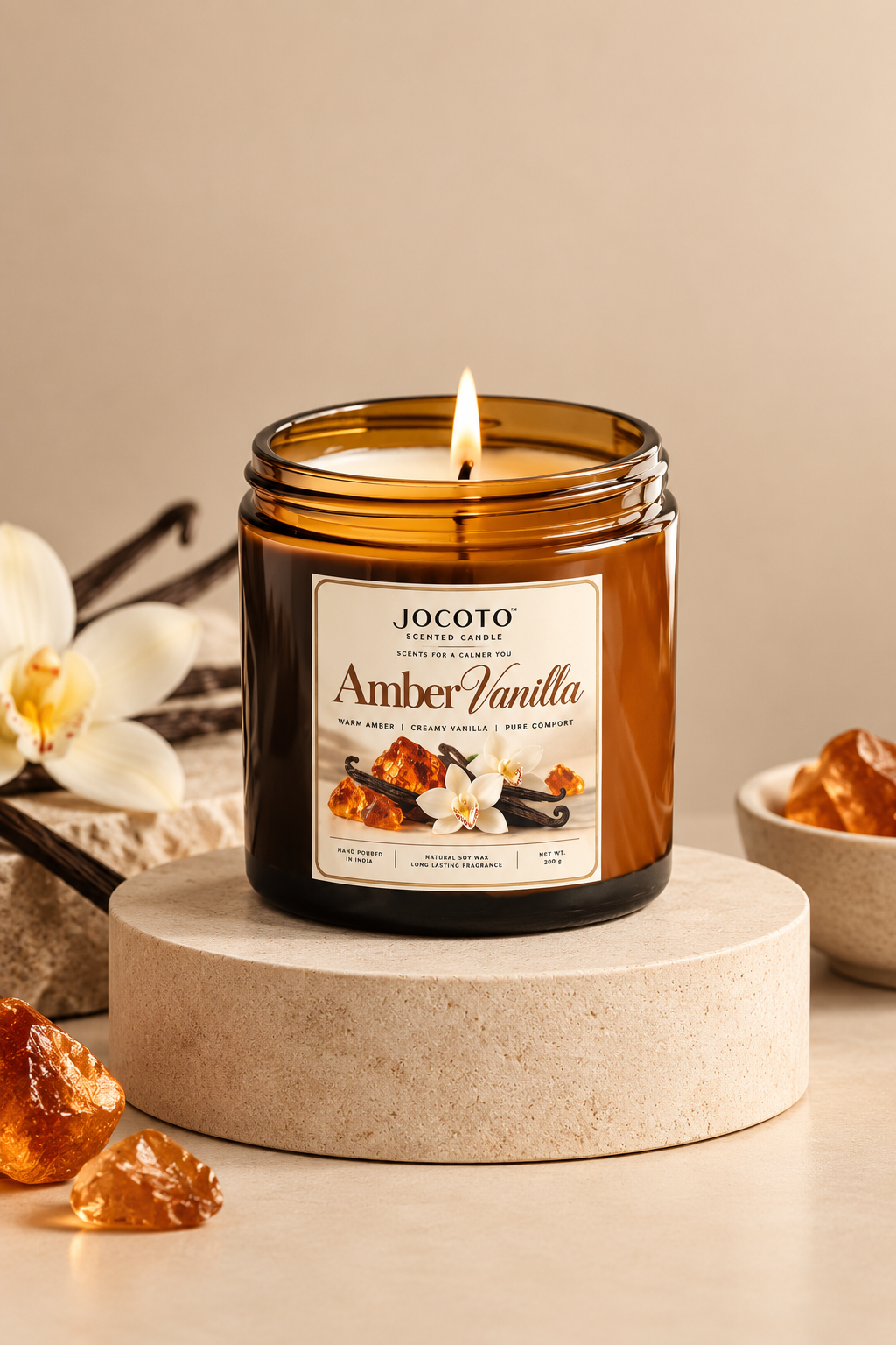 Amber Vanilla Scented Candle | Natural Soy Wax Candle – 200g | Jocoto
