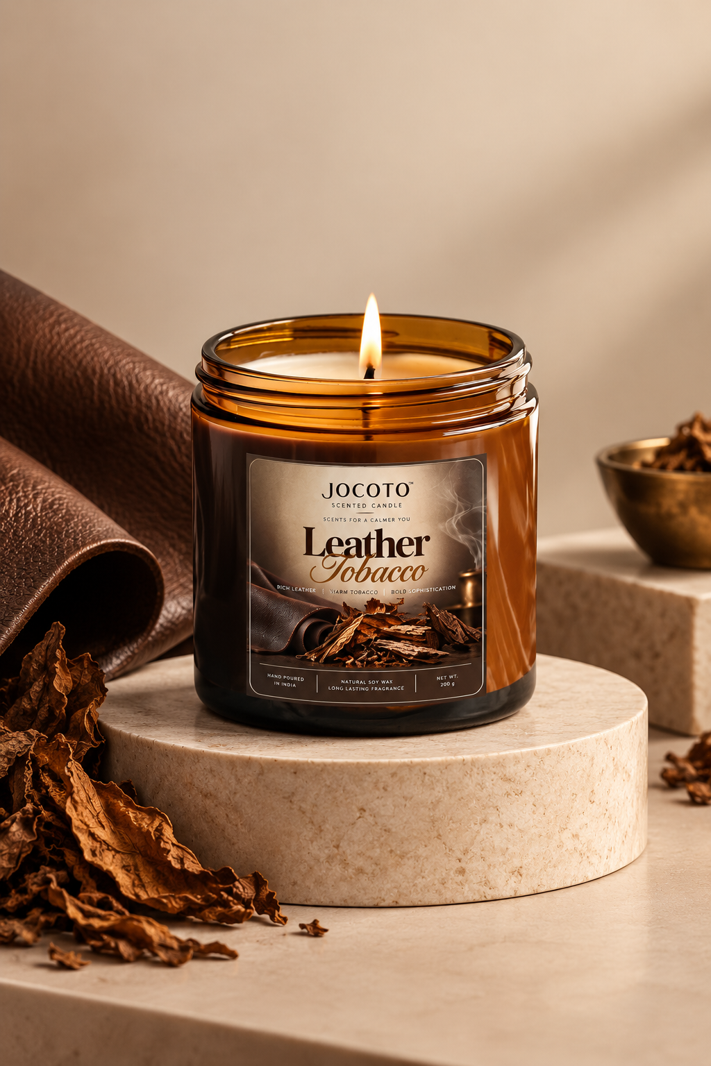 Leather Tobacco Scented Candle | Natural Soy Wax Candle – 200g | Jocoto