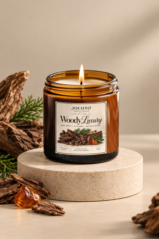 Woody Luxury Scented Candle | Natural Soy Wax Candle – 200g | Jocoto